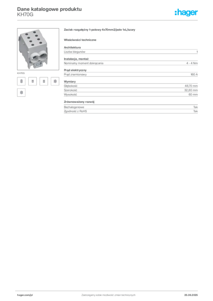 Zdjęcie Hager Karta katalogowa KH70G | Hager Polska