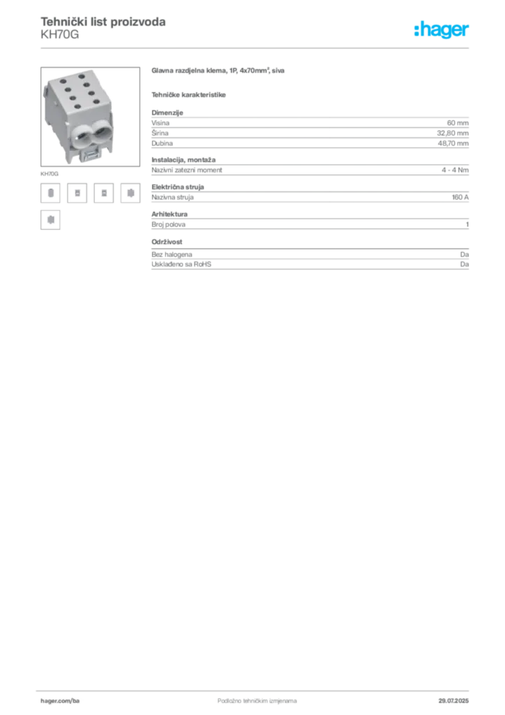 Slika Hager Product data sheet KH70G  | Hager