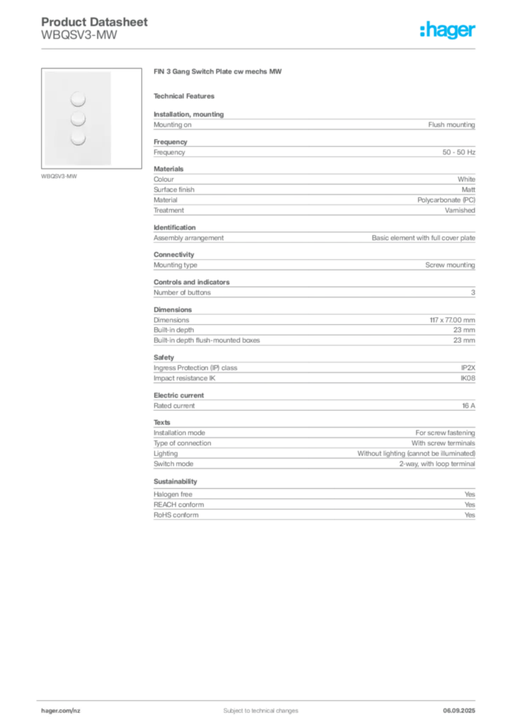 Image Hager Product data sheet WBQSV3-MW  | Hager New Zealand