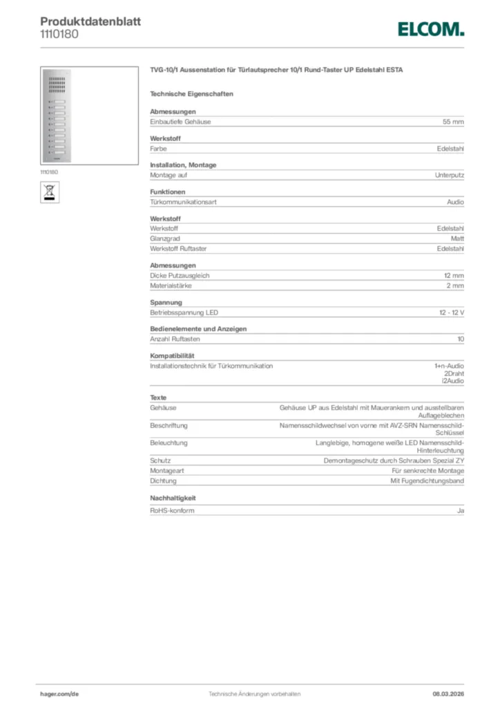 Bild Elcom Produktdatenblatt 1110180 | Hager Deutschland