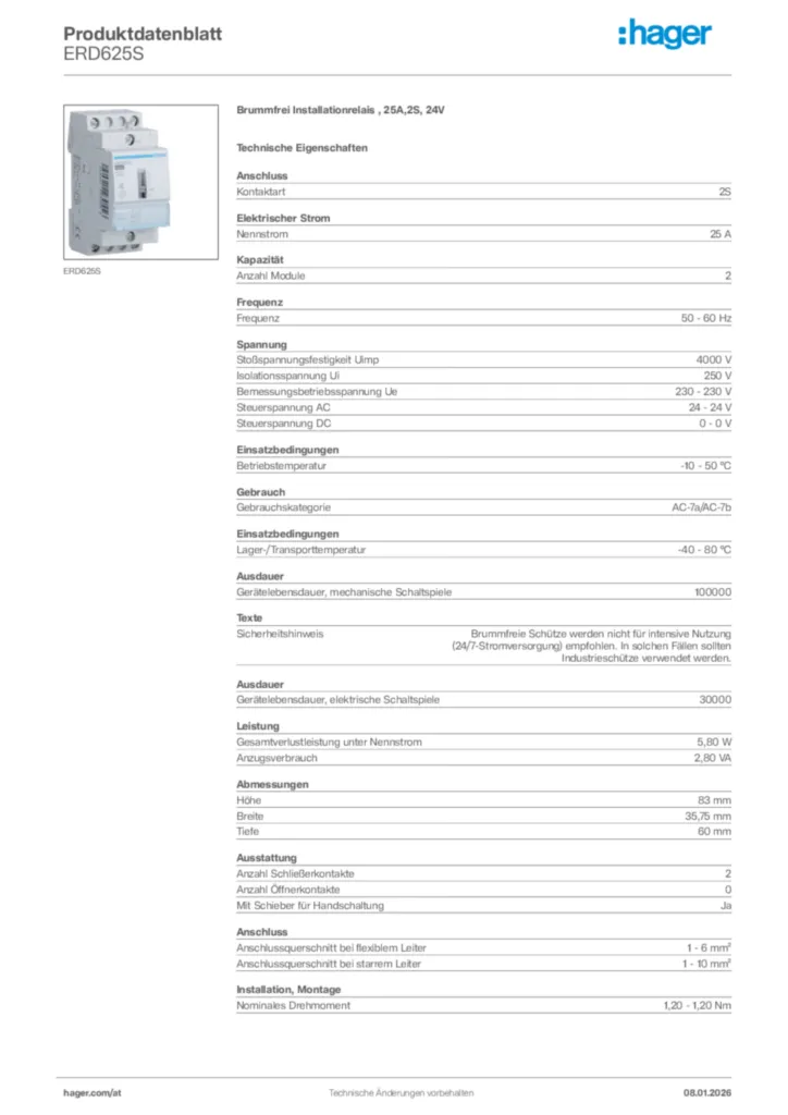 Bild Hager Produktdatenblatt ERD625S | Hager Deutschland