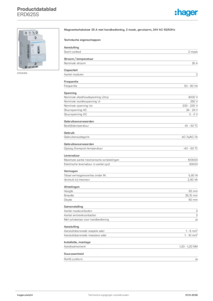 Afbeelding Hager Productdatablad ERD625S | Hager Nederland