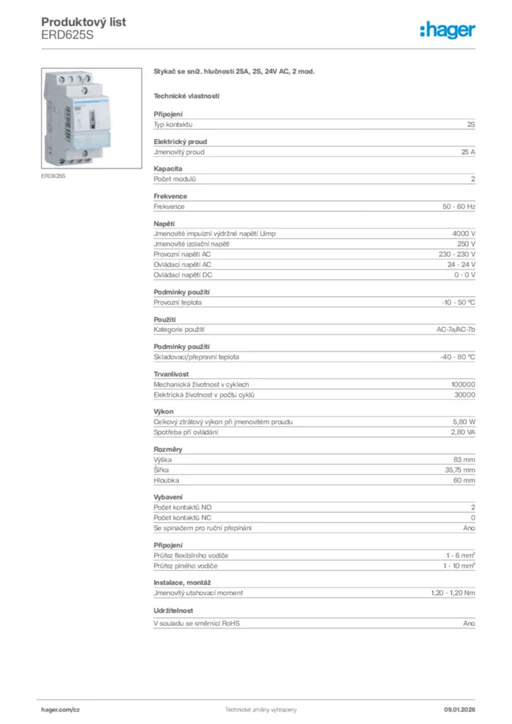Obrázek Hager Product data sheet ERD625S | Hager