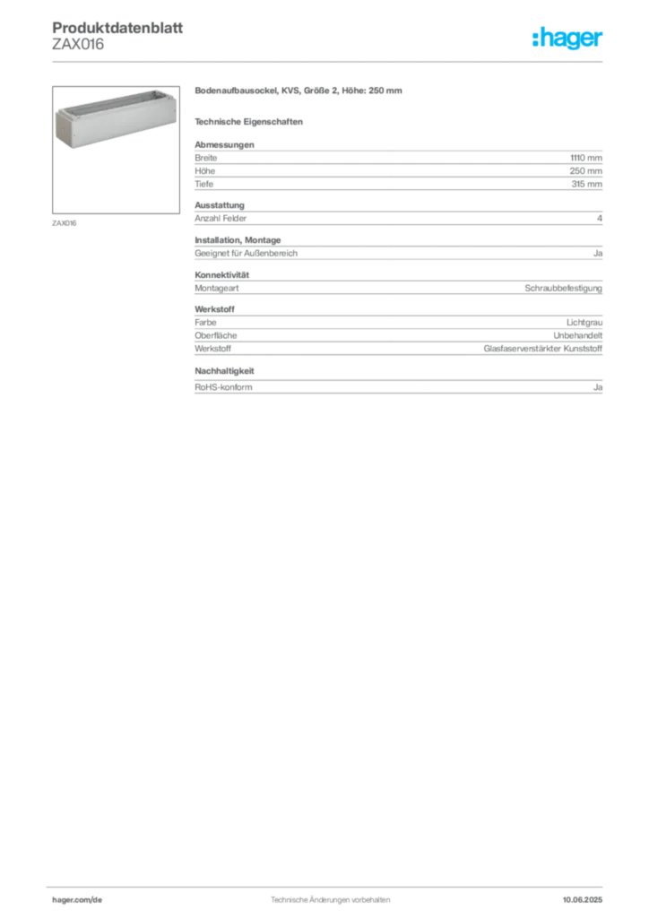 Bild Hager Produktdatenblatt ZAX016 | Hager Deutschland
