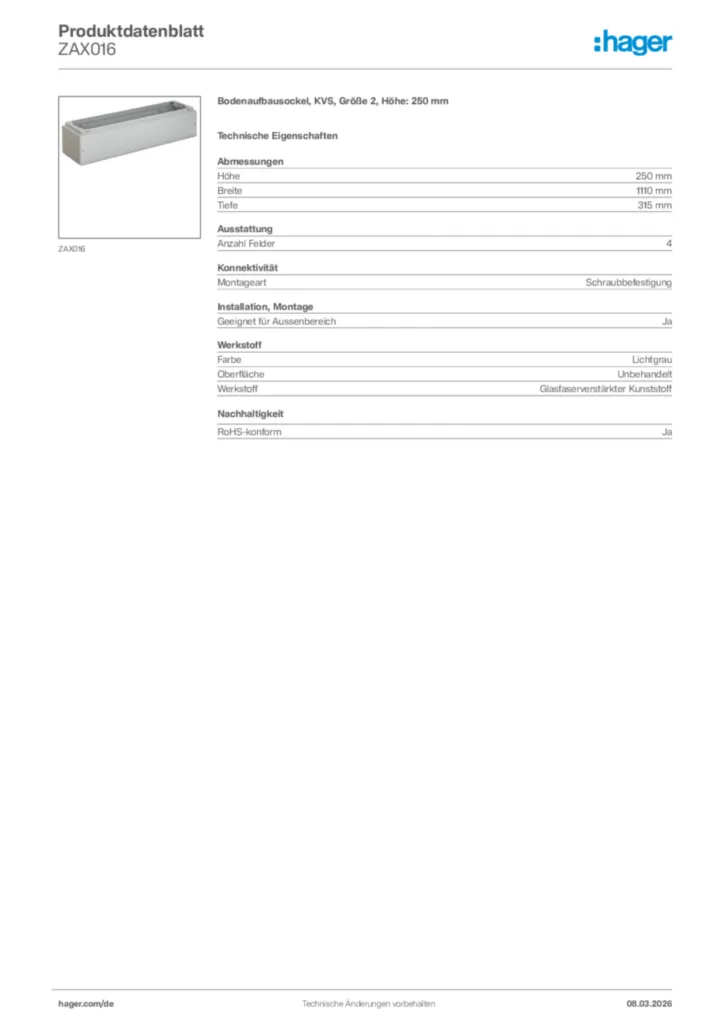 Bild Hager Produktdatenblatt ZAX016 | Hager Deutschland