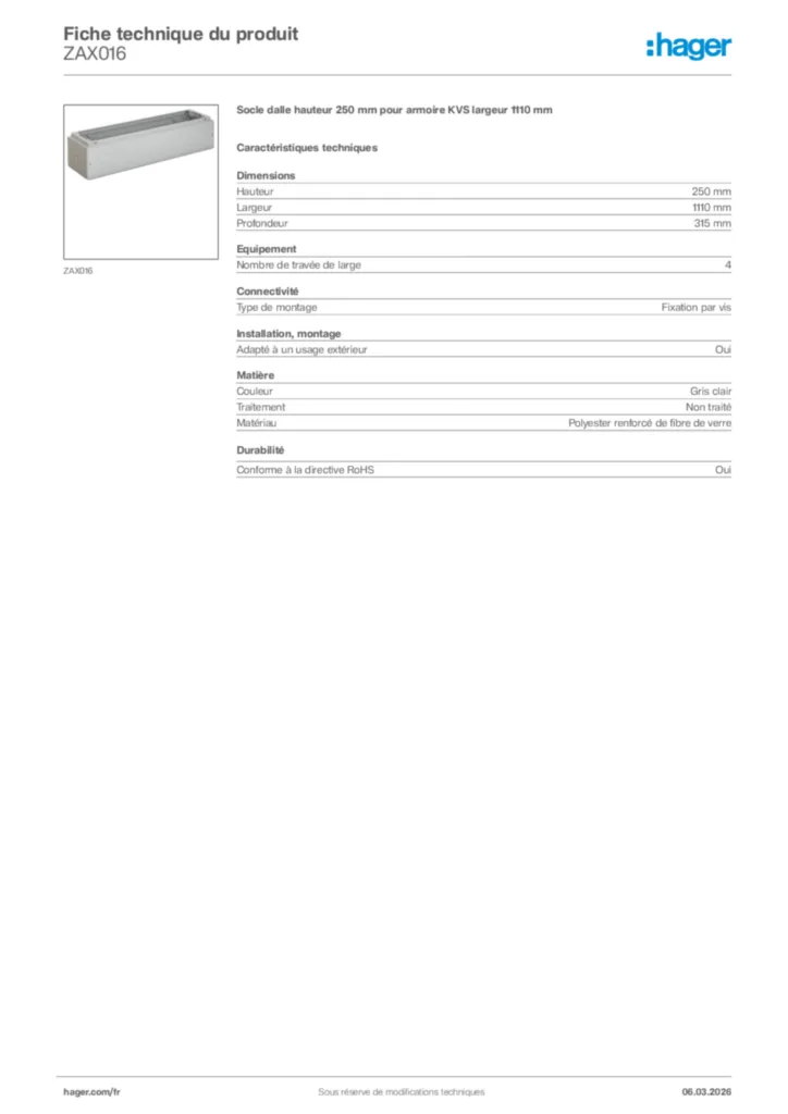 Image Hager Fiche technique du produit ZAX016 | Hager France