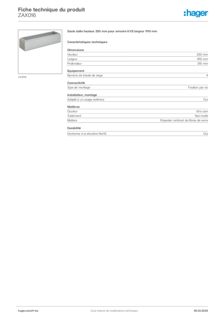 Image Hager Fiche technique du produit ZAX016 | Hager Belgique
