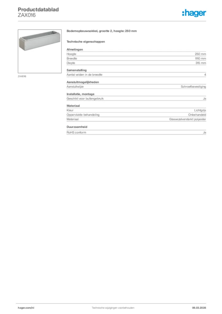 Afbeelding Hager Productdatablad ZAX016 | Hager Nederland