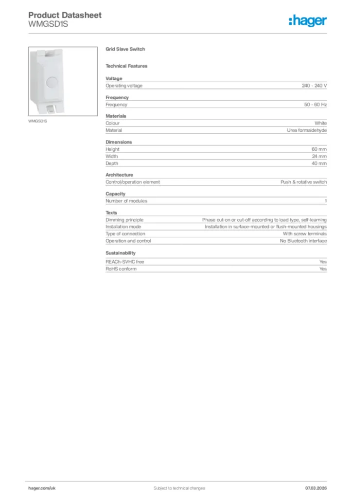 Image Hager Product data sheet WMGSD1S  | Hager