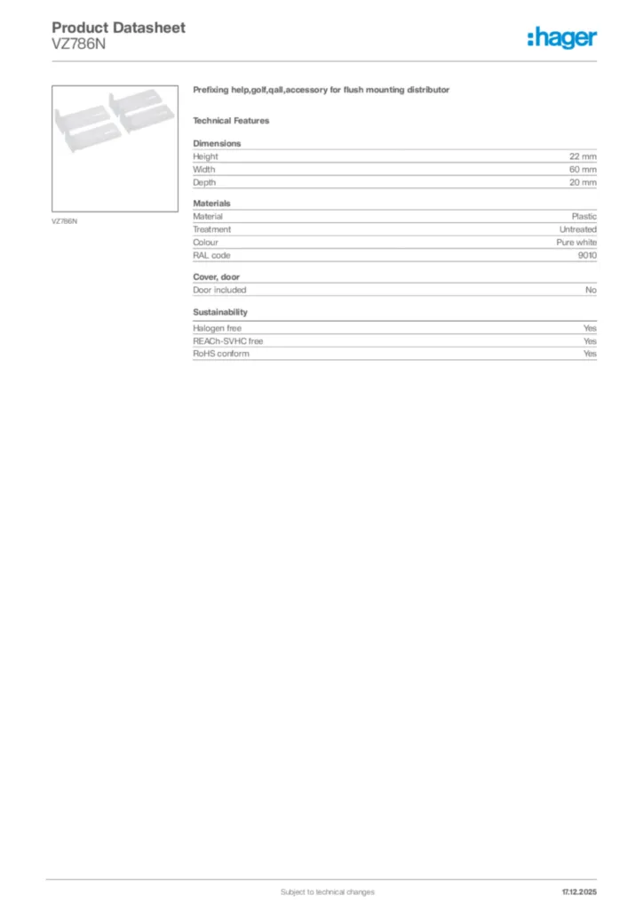 Image Hager Product data sheet VZ786N  | Hager Africa