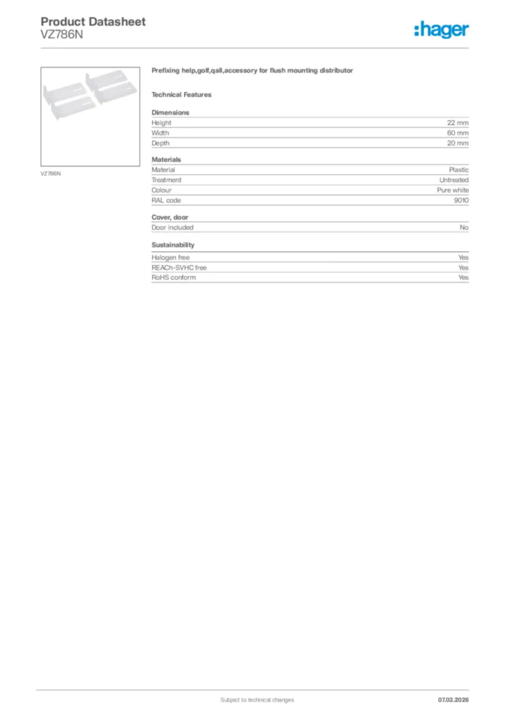 Image Hager Product data sheet VZ786N  | Hager Africa