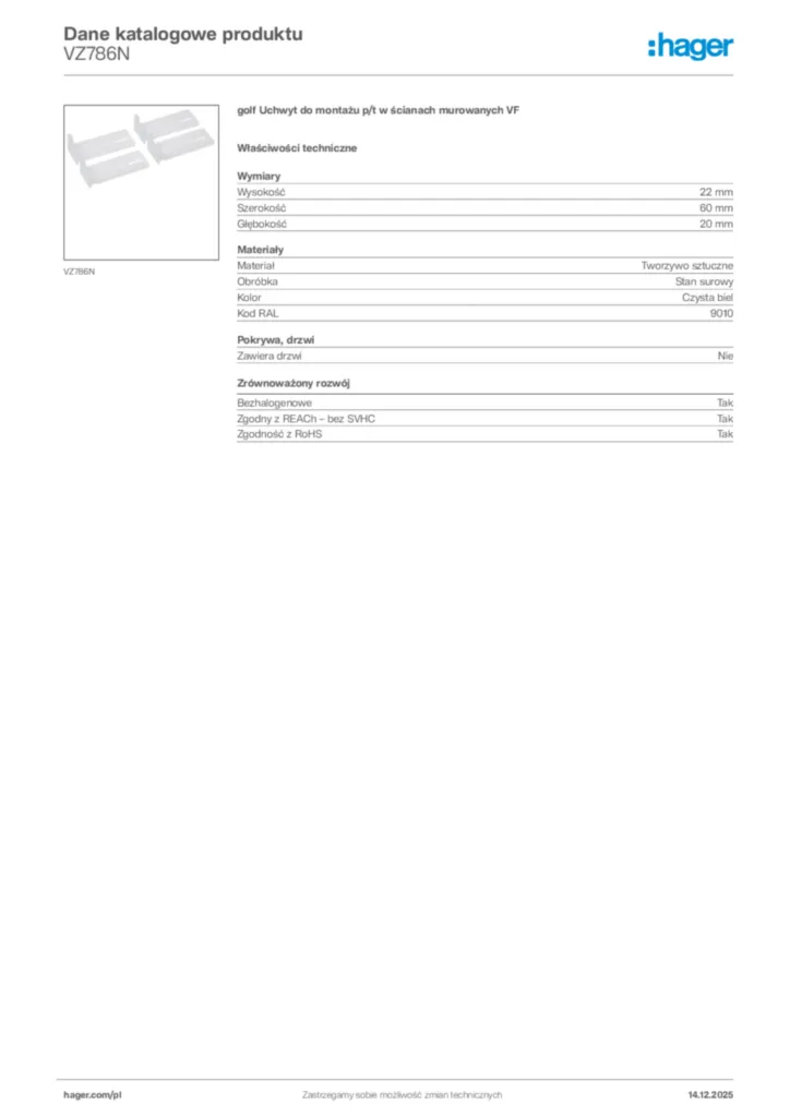 Zdjęcie Hager Karta katalogowa VZ786N | Hager Polska