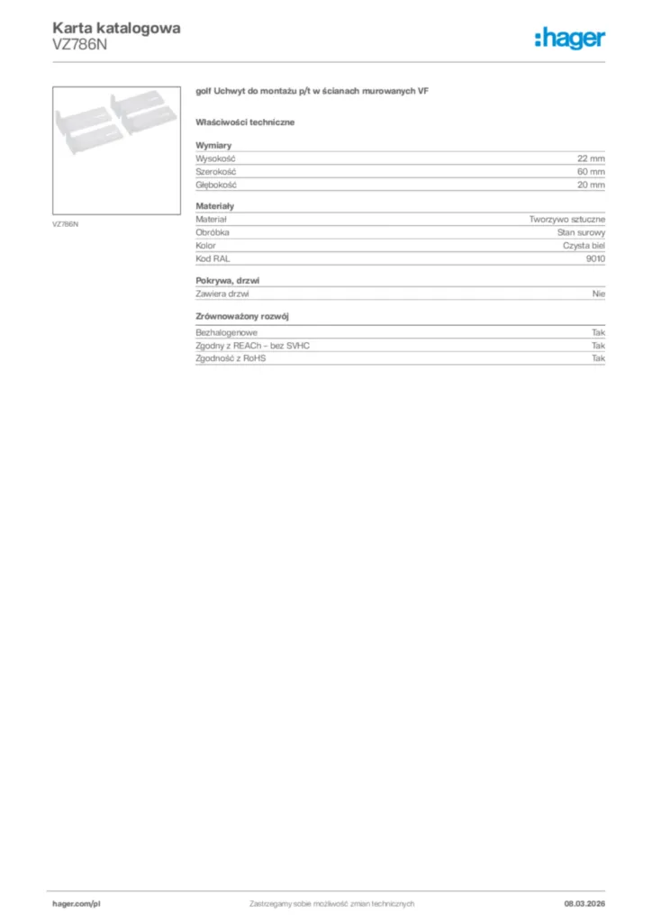 Zdjęcie Hager Karta katalogowa VZ786N | Hager Polska