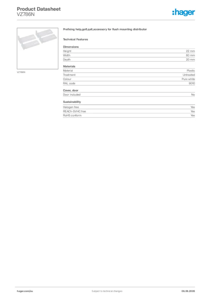 Image Hager Product data sheet VZ786N  | Hager Australia