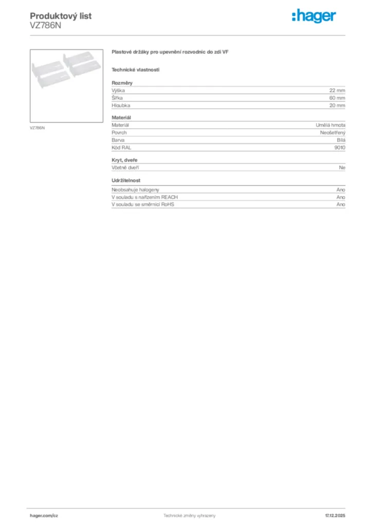 Obrázek Hager Produktový list VZ786N | Hager