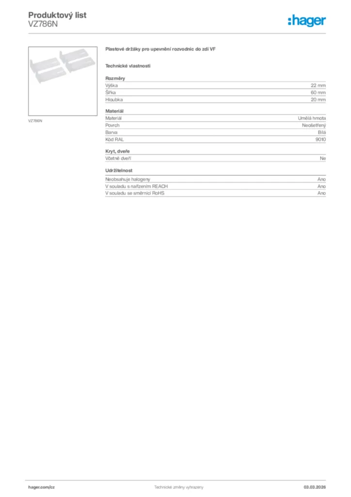 Obrázek Hager Product data sheet VZ786N | Hager