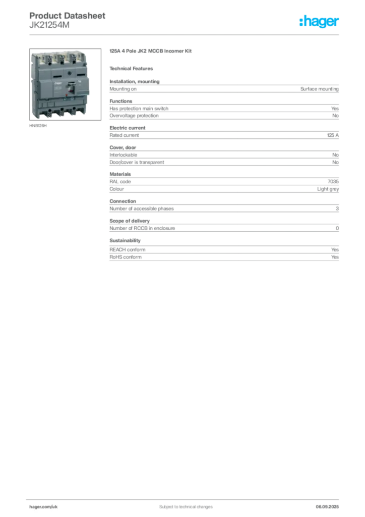 Image Hager Product data sheet JK21254M  | Hager