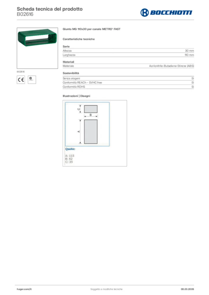 Immagine Bocchiotti Scheda tecnica del prodotto B02616 | Hager Italia