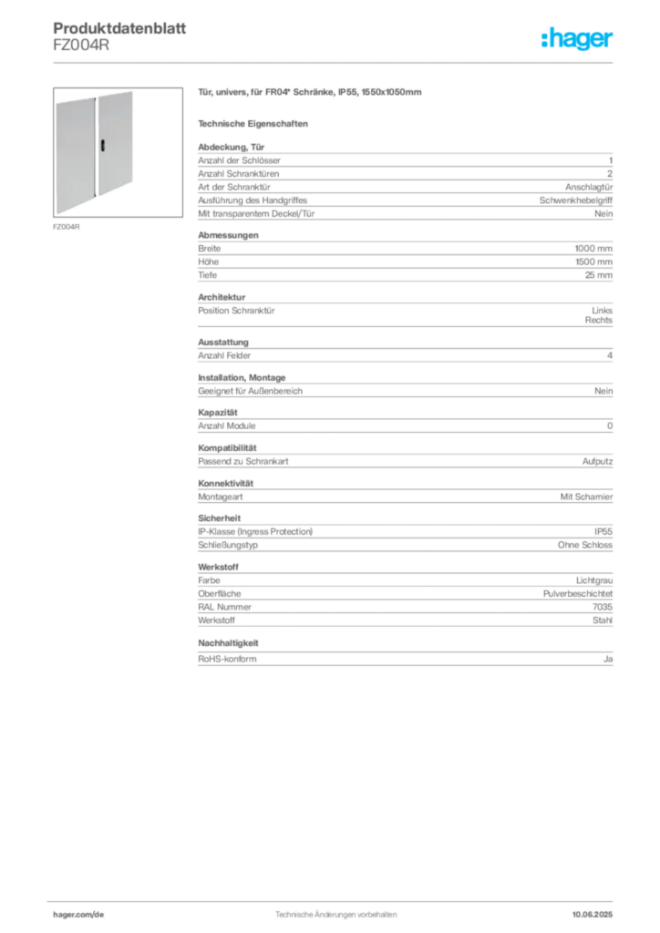 Bild Hager Produktdatenblatt FZ004R | Hager Deutschland