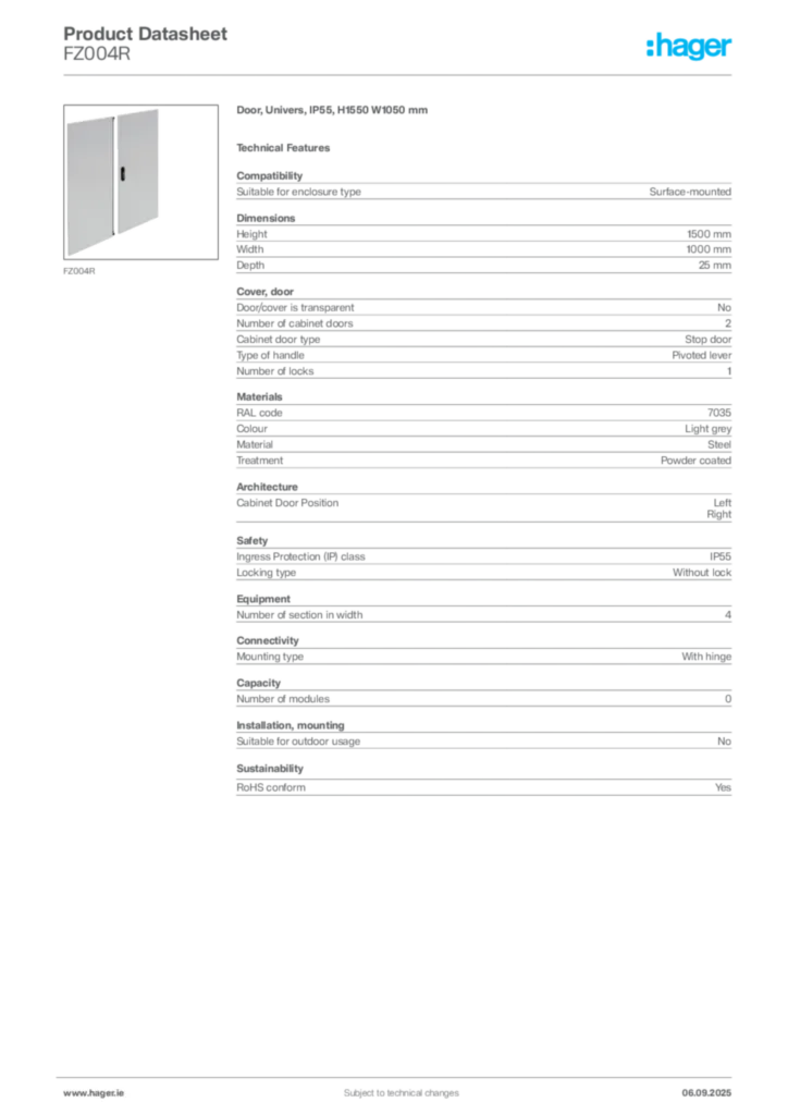 Image Hager Product data sheet FZ004R  | Hager