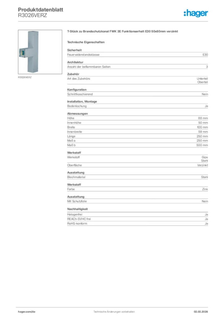Hager Produktdatenblatt R3026VERZ