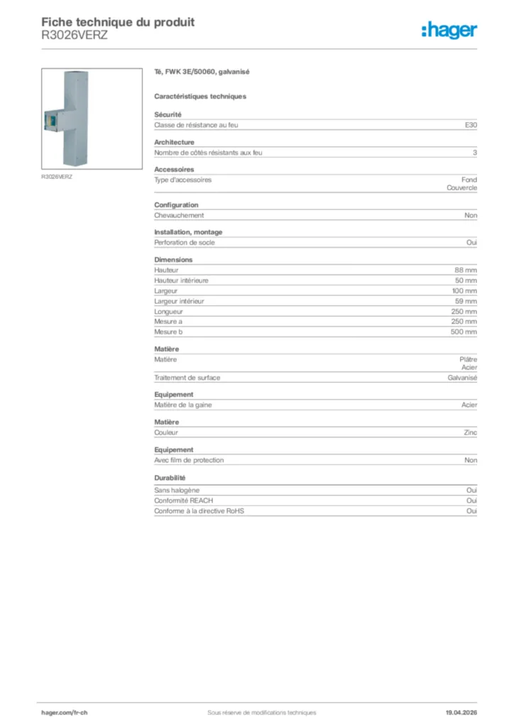 Image Hager Fiche technique du produit R3026VERZ | Hager Suisse