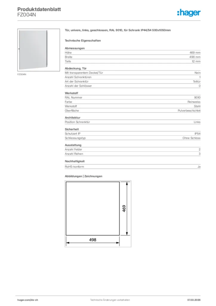 Bild Hager Produktdatenblatt FZ004N | Hager Schweiz