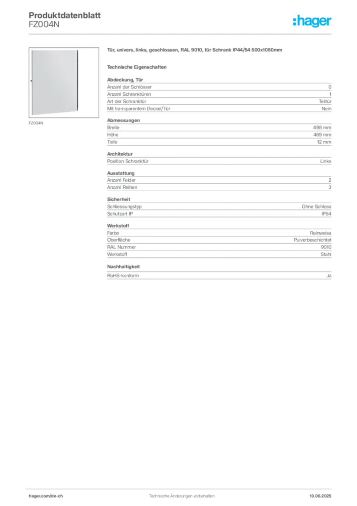 Bild Hager Produktdatenblatt FZ004N | Hager Schweiz
