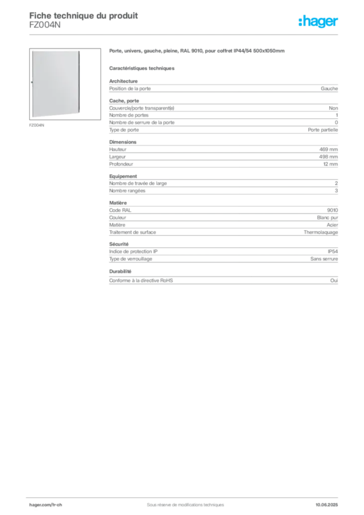 Image Hager Fiche technique du produit FZ004N | Hager Suisse