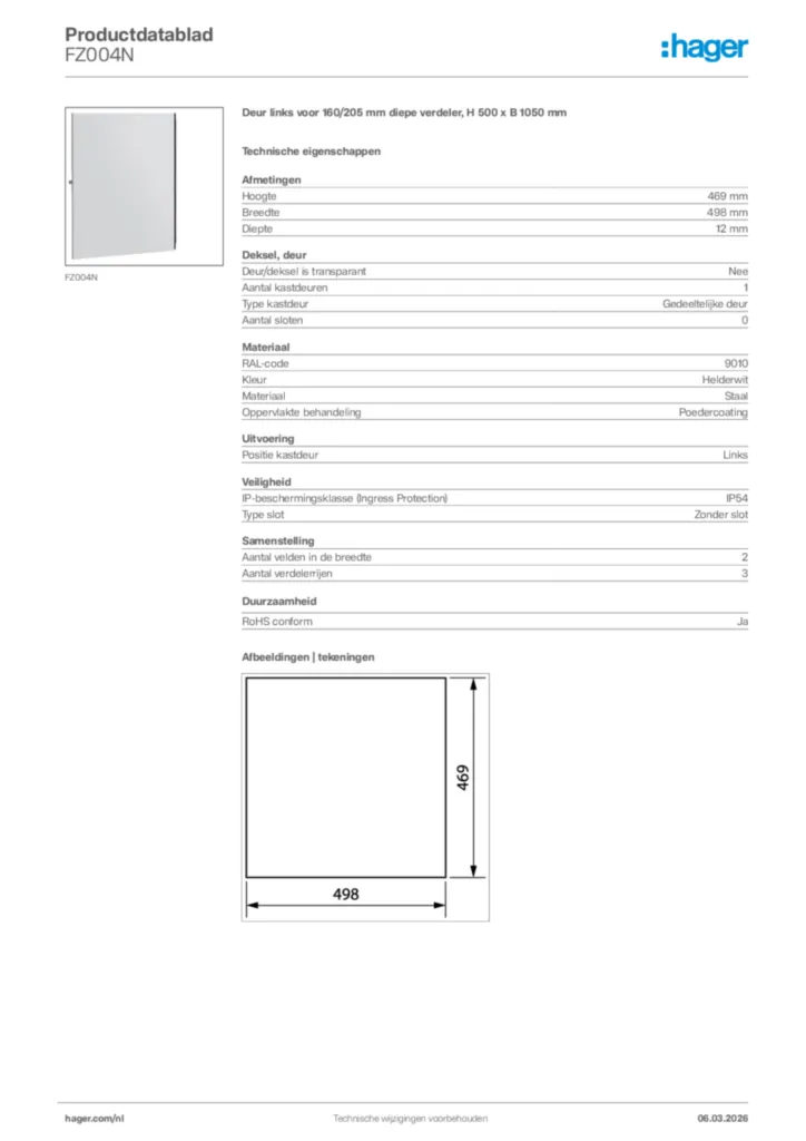 Afbeelding Hager Productdatablad FZ004N | Hager Nederland