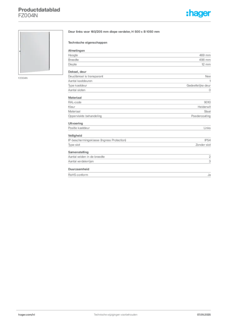 Afbeelding Hager Productdatablad FZ004N | Hager Nederland