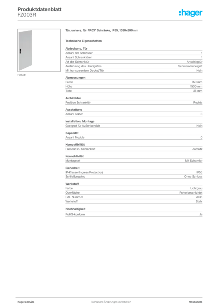 Bild Hager Produktdatenblatt FZ003R | Hager Deutschland