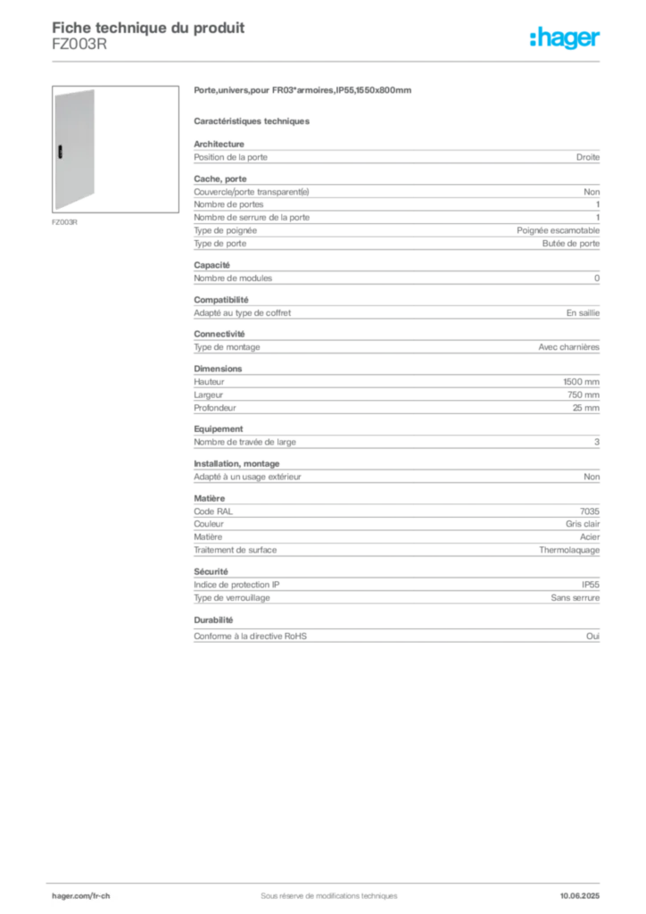Image Hager Fiche technique du produit FZ003R | Hager Suisse