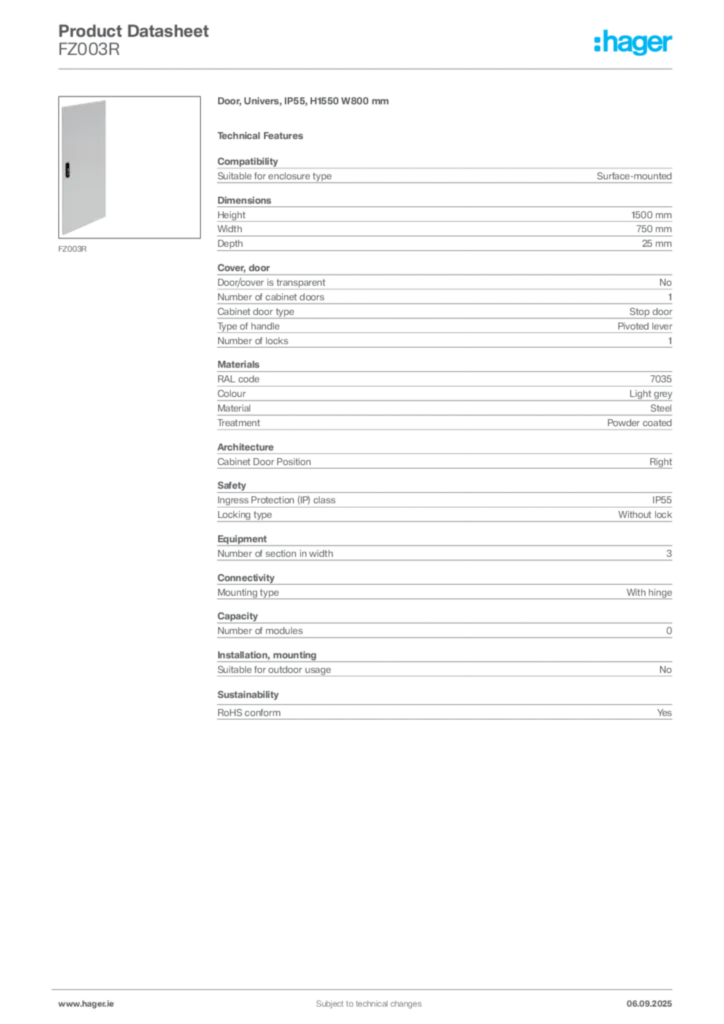 Image Hager Product data sheet FZ003R  | Hager