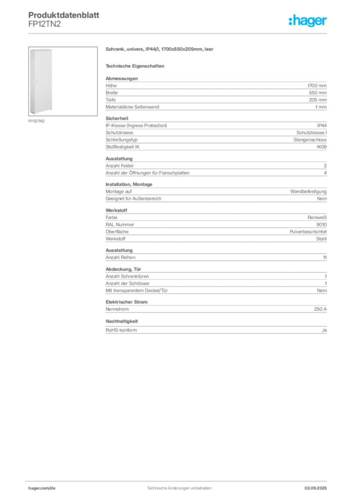 Bild Hager Produktdatenblatt FP12TN2 | Hager Deutschland