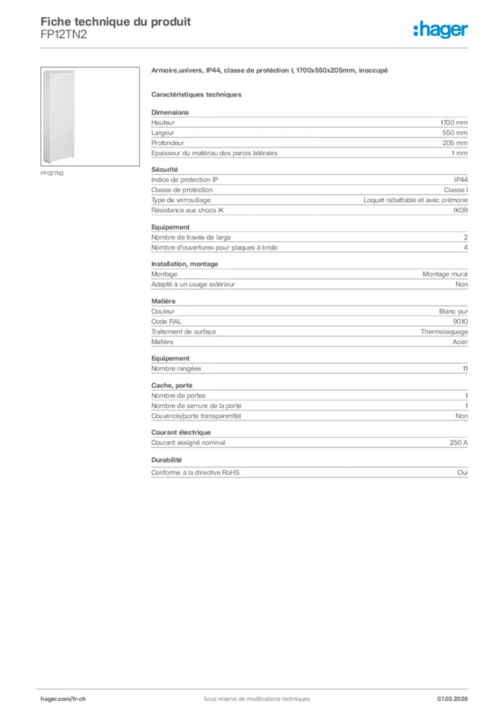 Image Hager Fiche technique du produit FP12TN2 | Hager Suisse