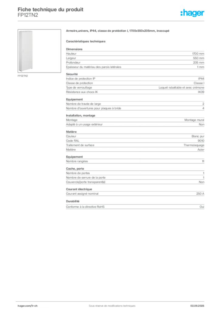 Image Hager Fiche technique du produit FP12TN2 | Hager Suisse