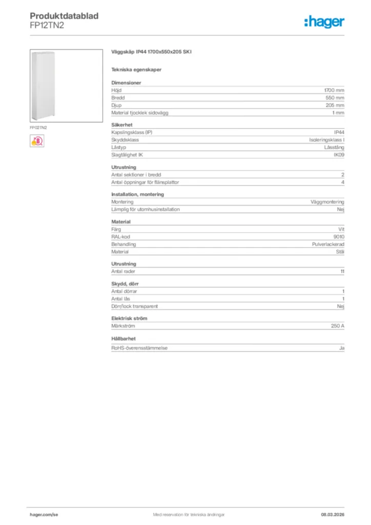 Bild Hager Produktdatablad FP12TN2 | Hager Sverige