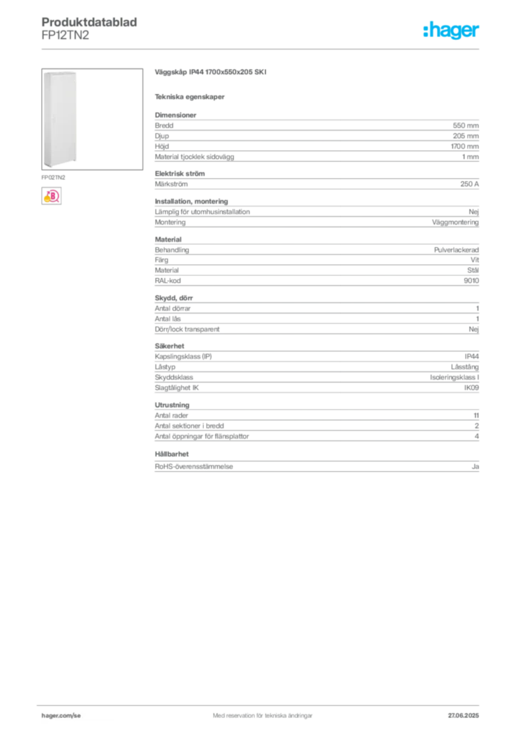 Bild Hager Produktdatablad FP12TN2 | Hager Sverige