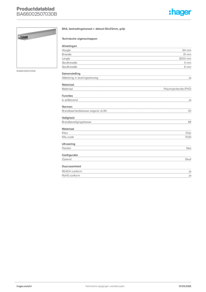 Afbeelding Hager Productdatablad BA66002507030B | Hager Nederland