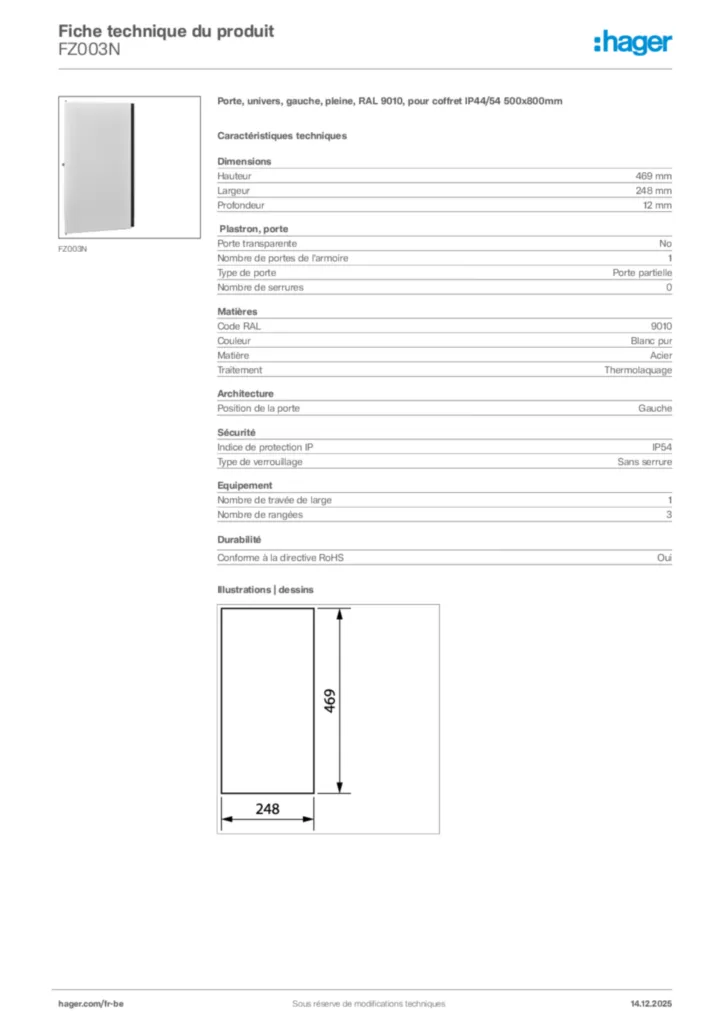 Image Hager Fiche technique du produit FZ003N | Hager Belgique