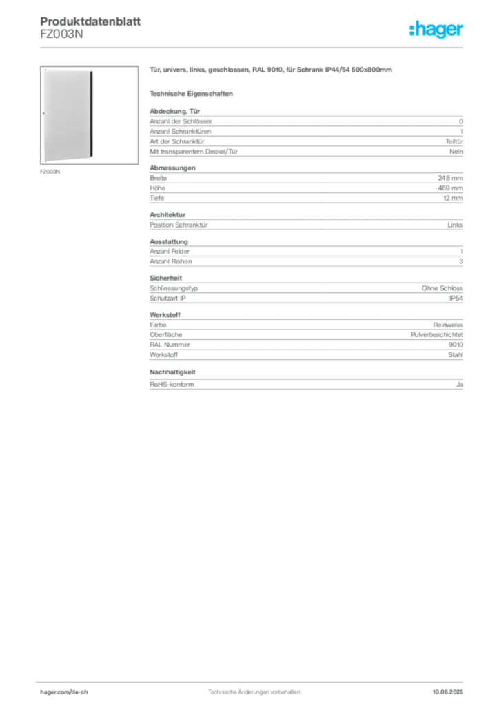 Bild Hager Produktdatenblatt FZ003N | Hager Schweiz