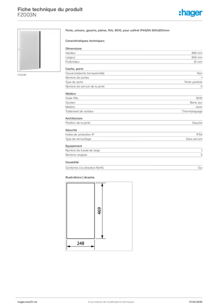 Image Hager Fiche technique du produit FZ003N | Hager Suisse