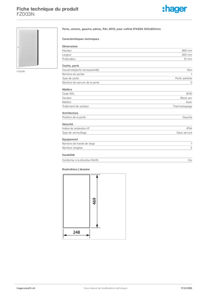 Image Hager Fiche technique du produit FZ003N | Hager Suisse