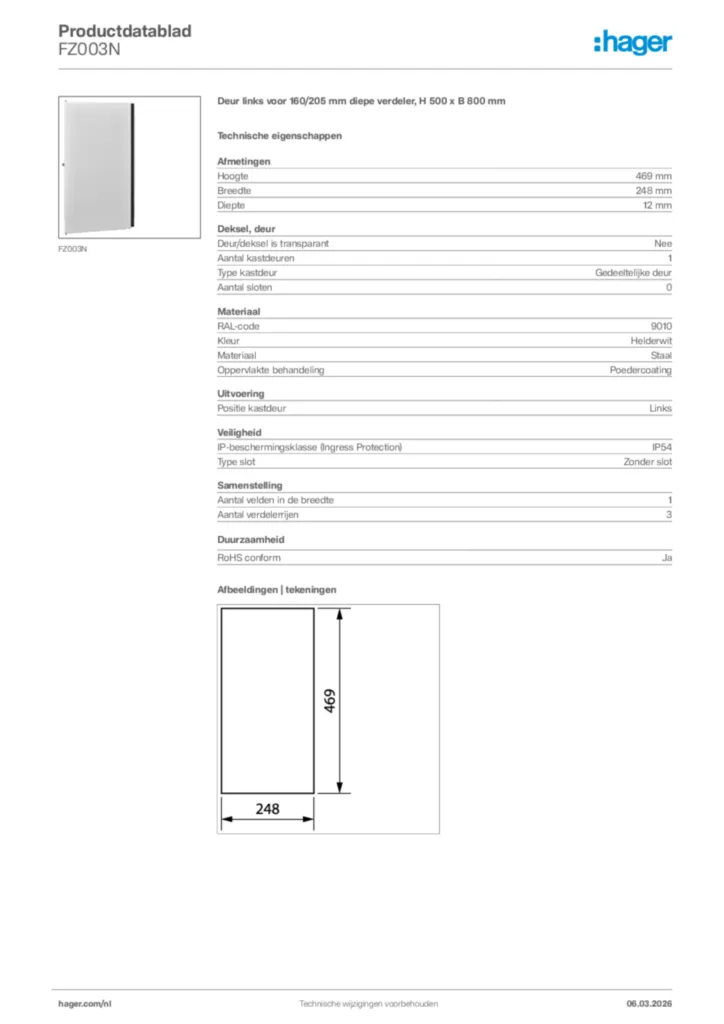 Afbeelding Hager Productdatablad FZ003N | Hager Nederland