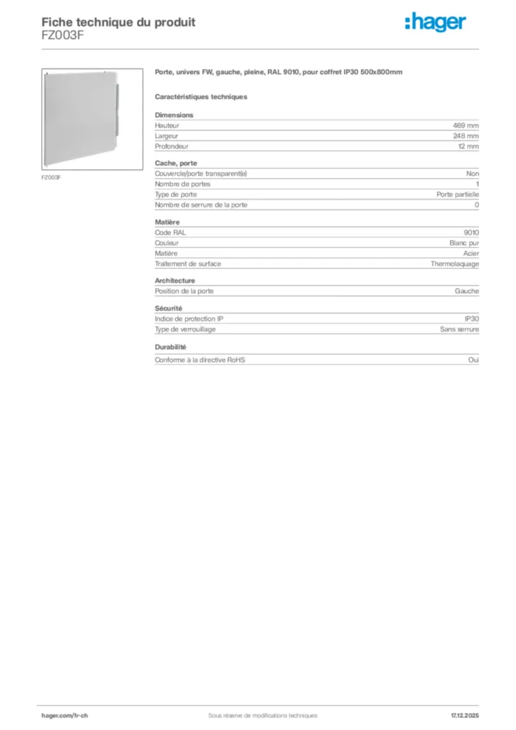 Image Hager Fiche technique du produit FZ003F | Hager Suisse