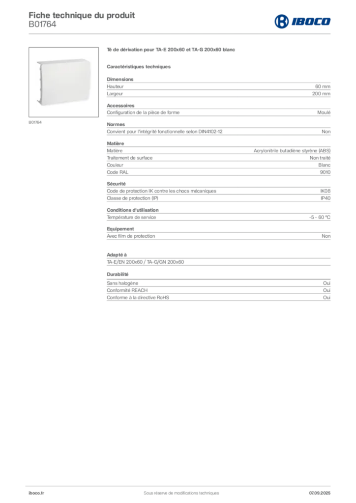 Image Iboco Fiche technique du produit B01764 | Hager France