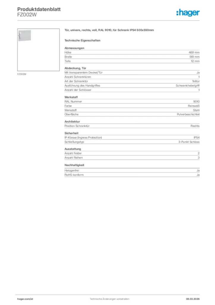 Bild Hager Produktdatenblatt FZ002W | Hager Deutschland