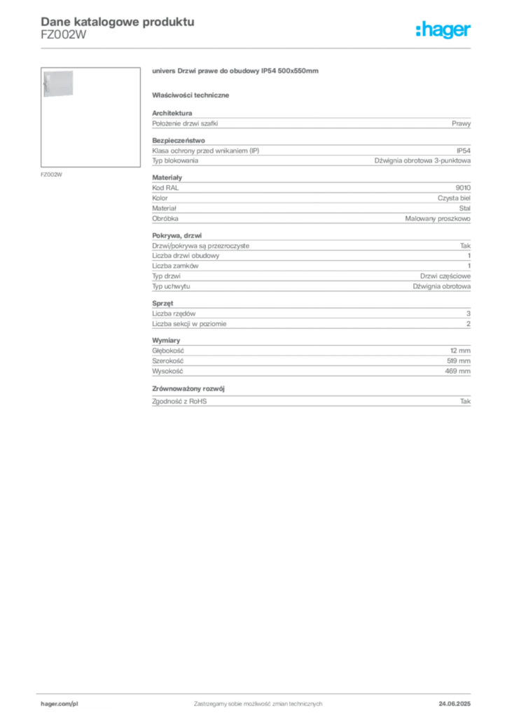Zdjęcie Hager Karta katalogowa FZ002W | Hager Polska