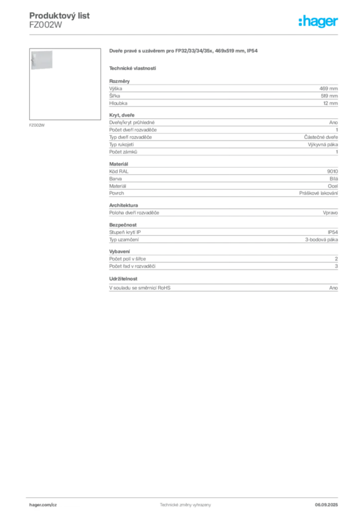 Obrázek Hager Produktový list FZ002W | Hager